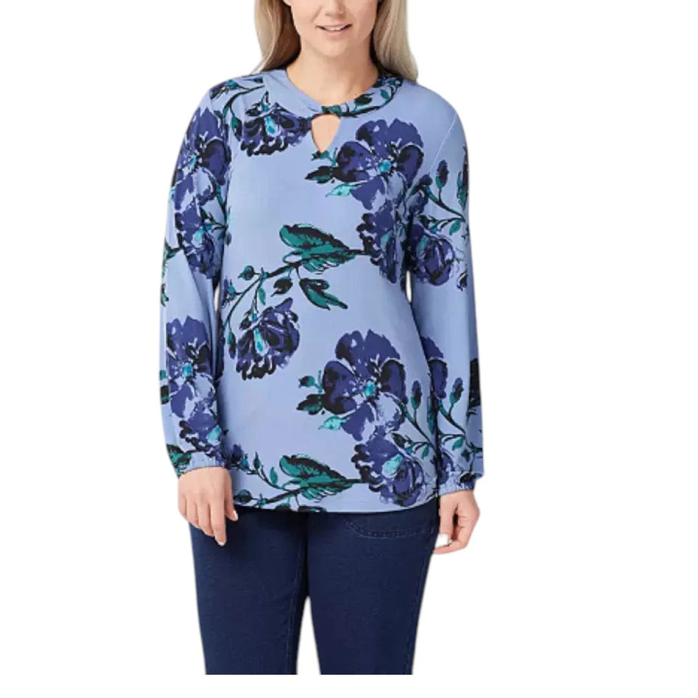 Studio by Denim & Co. Women's Printed LongSlv Top w Keyhole Blue - Regular